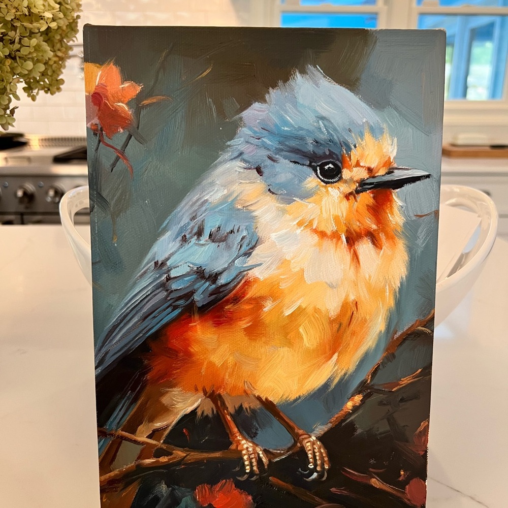Original Oil painting orange blue bird - Picture 2 of 8